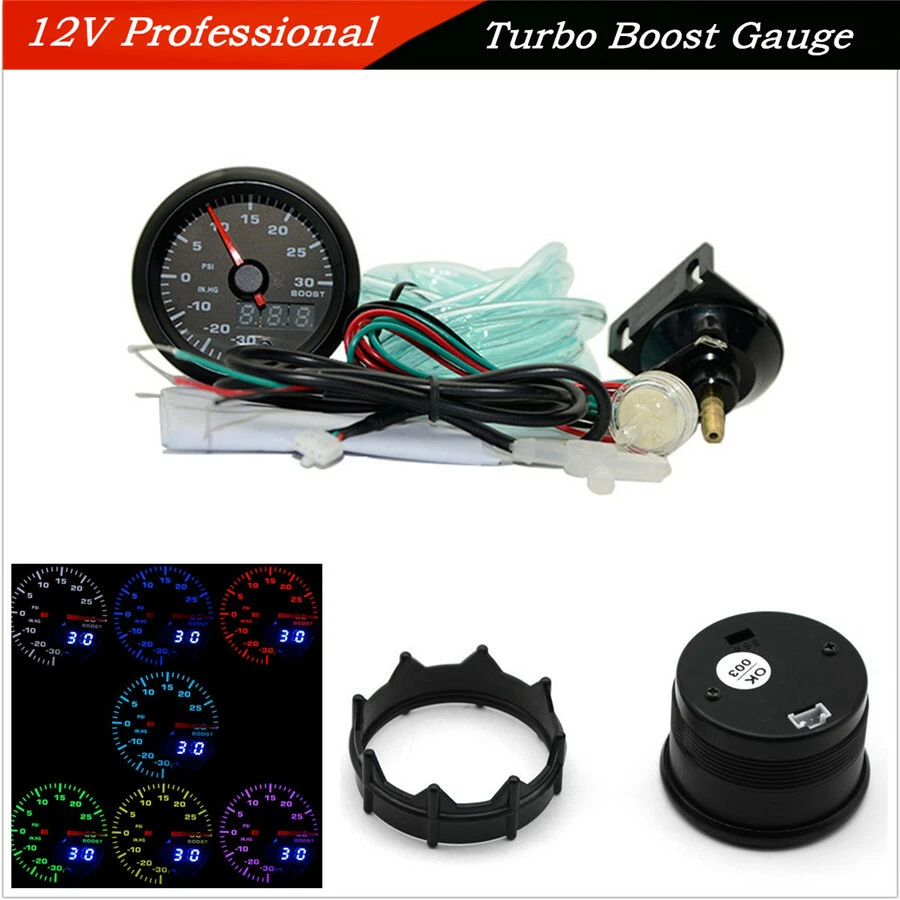12V 2" 52mm 7-Color LED Automobile Turbo Boost Gauge Meter Digital Dual Display — 第 1/4 张图片