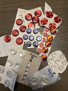 Lot 56 UNUSED Vintage Moonglow Plastic Buttons on Vintage Red, White & Purple - Picture 1 of 8
