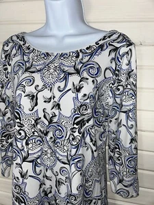 WHBM Sz MEDIUM Scoop Back 3/4 Sleeve Black Blue Scroll Print Knit Blouse VGUC - Picture 1 of 13