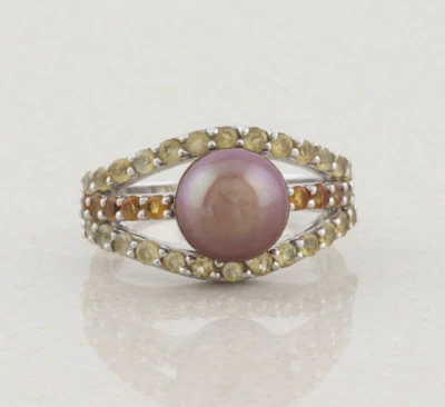 Sterling Silver Brown Pearl and Yellow, Orange Citrine Ring size 8 1/4 - Image 1 of 4