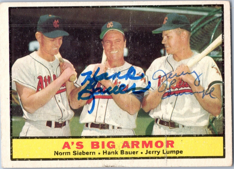 Hank Bauer Jerry Lumpe Signed Autographed 1961 Topps Baseball Card A's Big Armor - Image 1 of 2