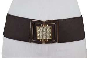 Women Brown Elastic Waistband Fancy Fashion Belt Gold Square Bling Buckle S M - Picture 1 of 24
