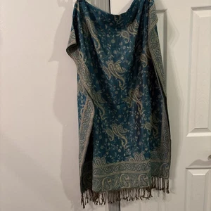 Outlined Paisley Pashmina Scarf Shawl Wrap Teal - Picture 1 of 2