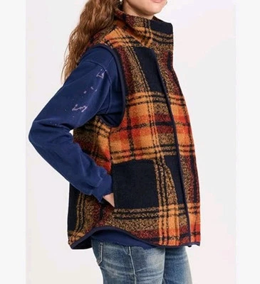 Colete cobertor Free People embrulhado xadrez azul marinho, dourado e laranja tamanho pequeno - Imagem 1 de 4