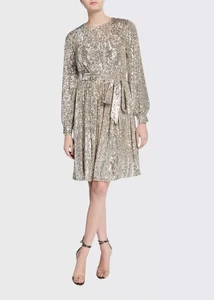 Sachin & Babi Chloe Long Sleeved Fit and Flare Silver Sequin Dress, BNWT UK 8/10 - Picture 1 of 14