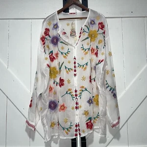 Johnny Was Texa Tunic Top Women’s XL White Floral Embroidered Buttons Blouse NWT - Picture 1 of 16
