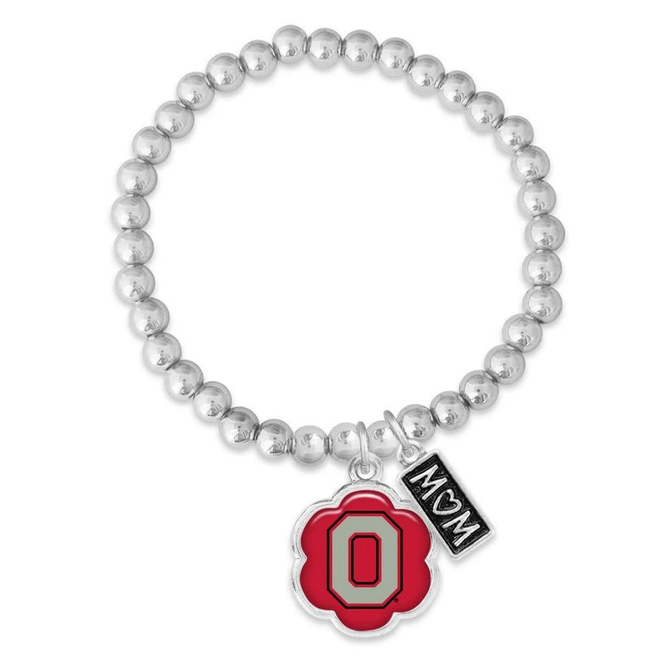 Ohio State Buckeyes Mom Hazel Silver Red Beaded Stretch Bracelet Jewelry OSU - Image 1 of 1