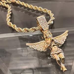 14k Gold Plated Praying Angel Pendant Iced CZ Wings Rope Chain Necklace 24" - Picture 1 of 11