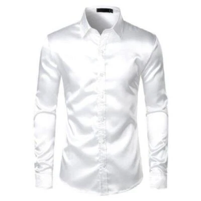 Men's Satin Dress Satin Shirt Slim Fit Wedding Party Colors Business Formal Hot - Image 1 of 4