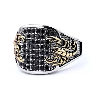 Gothic Punk Black Crystal Scorpion Ring Stainless Steel Zodiac Sign Signet Rings - Picture 1 of 7