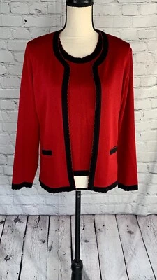 Exclusively Misook Red Black Trim Open Front Cardigan &Tank Top Twinset Size Mp - Image 1 of 4