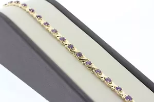 Purple Amethyst Love and Hearts X O Bracelet - 14K Solid Yellow Gold - 7.25" - Picture 1 of 8