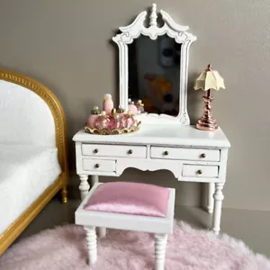 3PC 1:12 Scale Dolls House Miniatures Furniture Dressing Table Mirror Stools Set - Picture 1 of 8