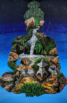 Hermoso arte de pintura acrílico original paisaje cascada silueta de Buda Foto 1 de 4