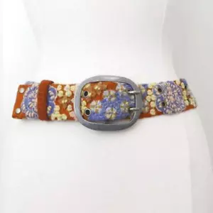 New Jenny Krauss Blue Floral Embroidered Brown Wool Belt Handmade Peru S M L - Picture 1 of 12