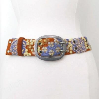 Nuevo Cinturón Jenny Krauss Azul Floral Bordado Marrón Lana Hecho a Mano Perú S M L Foto 1 de 4