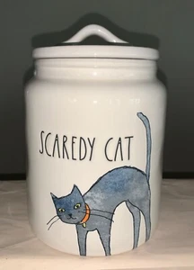 Nuevo Bote Rae Dunn Blanco Brillante Scaredy Cat ~ Nuevo ~ Galletas Acuarela - Imagen 1 de 9