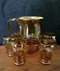 Vintage 24 Kt Gold Gilded Amber Blown Glass Water Pitcher W. 4 Glasses Set