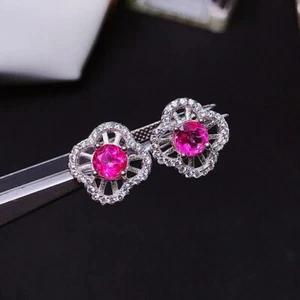 1Ct Round Cut Pink Topaz Women's Flower Stud Earrings 14K White Gold Finish S925 - Picture 1 of 7