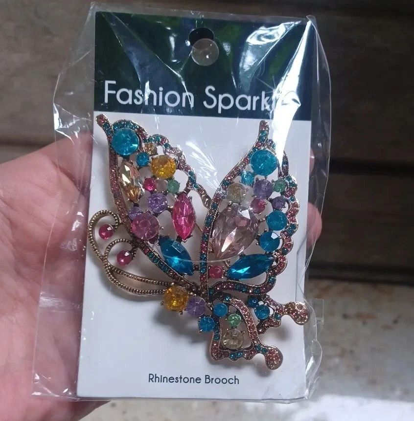 3.75"fashion Sparkle Rhinestone Butterfly Brooch Pin Blue Pink Acrylic Stone