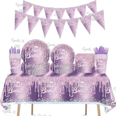 PURPLE Glitz Girls Happy Birthday Party Supplies Tableware Decorations Balloons - Image 1 of 4