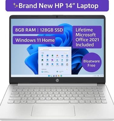 HP 14 with Full Lifetime Microsoft Office Win 11 HD Laptop 128GB SSD Intel i3 - Image 1 of 4