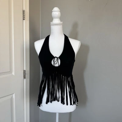 Top corto halter con flecos negros para mujer mediano M festival fiesta Y2K boho Halloween Foto 1 de 4