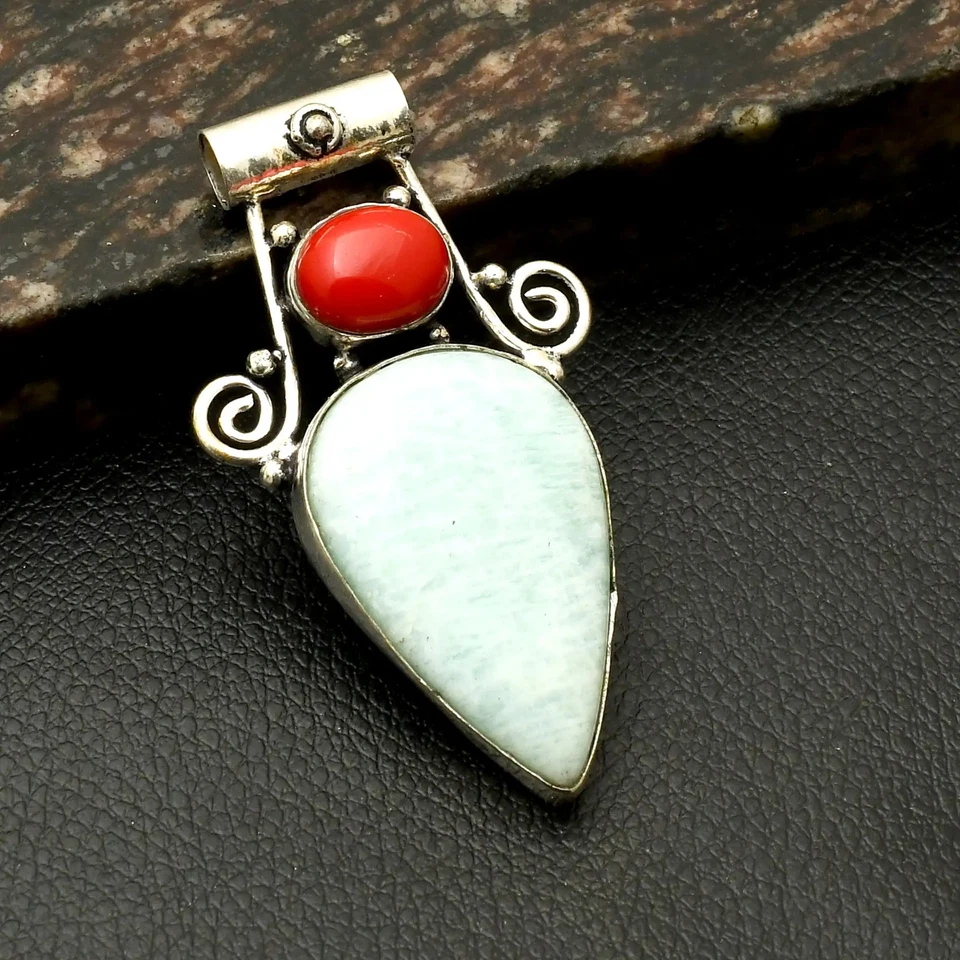 Amazonita Coral Piedras Preciosas Hecho a Mano Colgante Joyería Para Navidad 2.4" AP-40048 Foto 1 de 1