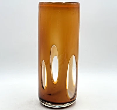 Art Glass Vase Hurricane MCM Modern Century 12” Tall Caramel Amber Cutouts - Image 1 of 4