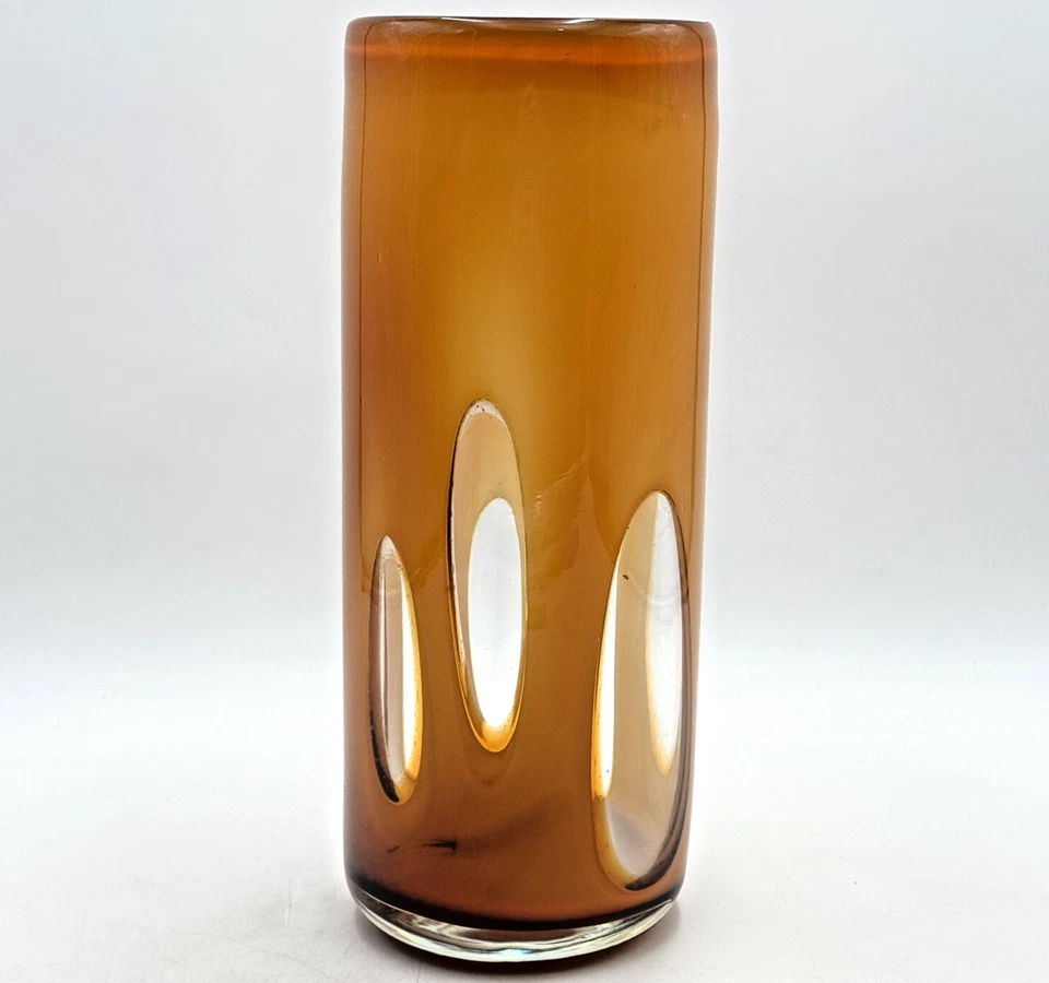 Art Glass Vase Hurricane MCM Modern Century 12” Tall Caramel Amber Cutouts - Image 1 of 4