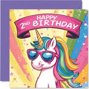 2nd Birthday Card - Cool Unicorn Sunglasses - Unicorn Birthday Card for 2 Year - Picture 1 of 7