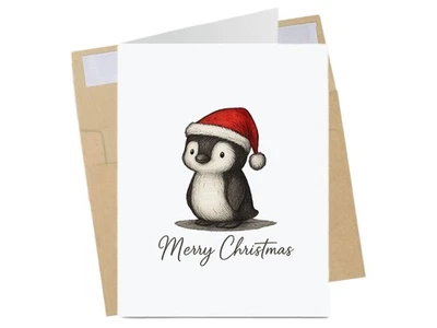 Adorable Penguin Christmas Card Cheerful Holiday Greeting Funny Winter Animal - Image 1 of 4