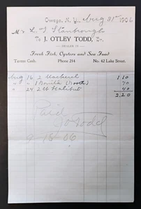 1906 J. Otley Todd Fish Oysters Sea Food Billhead Invoice Receipt Owego New York - Picture 1 of 1