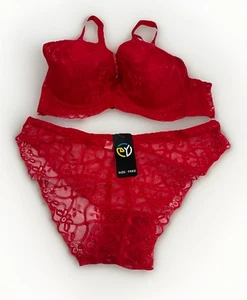 Red Lace Bra And Panty Set By DY Fits Like US Sz 36B Panty Is One Size - Picture 1 of 8
