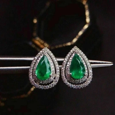 2.50Ct Pear Cut Lab Created Emerald Halo Stud Earrings 14K White Gold Plated - Image 1 of 4