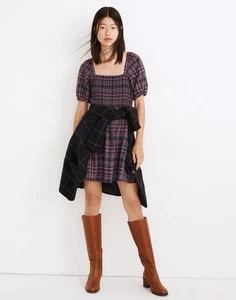 Neu mit Etikett Madewell Lucie gesmoktes Minikleid mit Puffärmeln Rockfern kariert Größe Medium - Bild 1 von 7