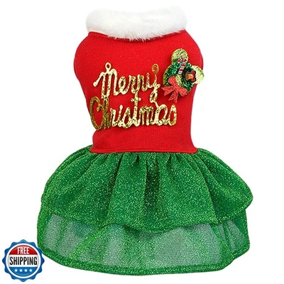Otunrues Dog Christmas Dress Merry Christmas Dog Outfit Cute Girl Holiday Cos - Image 1 of 4