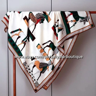 2025 Sallys 70% Cashmere 30% Silk Wrap Scarf Horses Print Double Face Shawl 53" - Image 1 of 4