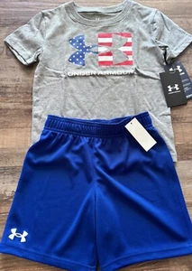 NWT Under Armour Little Boys 7 Gray/Red/White/Blue Big Logo FLAG Shorts Set - Picture 1 of 3