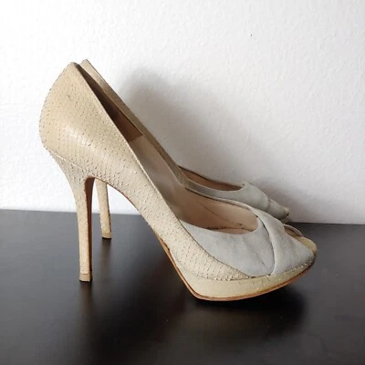CHRISTIAN DIOR Gray Embossed Snakeskin & Suede Peep Toe Pumps SZ 40.5 US 10 - Image 1 of 4