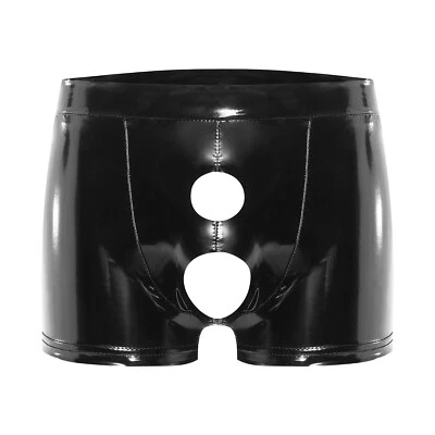 Men's Wetlook Gay Fetish PVC Leather Boxer Shorts Front Open Hole Male Underwear - Image 1 of 4