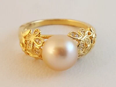 Yellow pearl sterling silver gold vermeil ring cz floral sz 10 - Image 1 of 4
