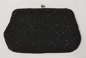 Vintage Black Fully Beaded Clutch Hand Made in JAPAN Sparkly Diagonal Design EUC - Picture 1 of 8