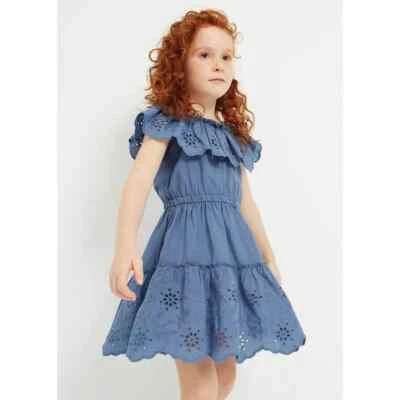 Mayoral Porcelain Eyelet Motif Cotton Dress Blue Ruffle Embroidered Girl's 7 - Image 1 of 4