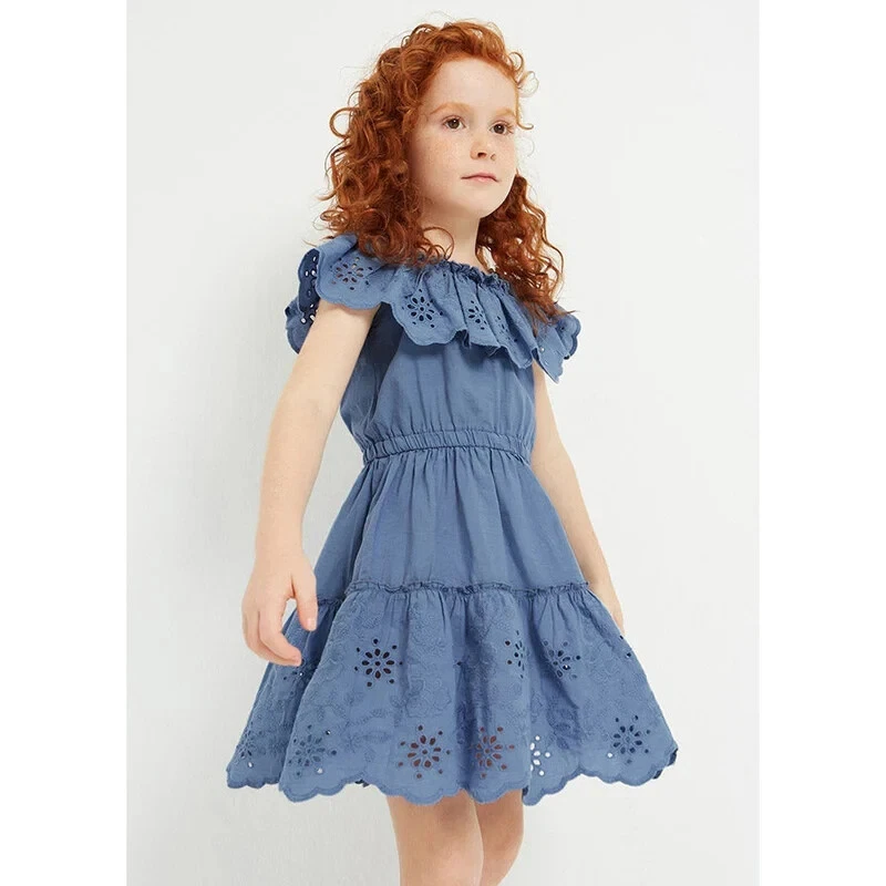 Mayoral Porcelain Eyelet Motif Cotton Dress Blue Ruffle Embroidered Girl's 7 - Image 1 of 4