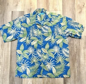 Camicia Tori Richard uomo grande blu hawaiana con bottoni foglie palme 100% cotone - Foto 1 di 4