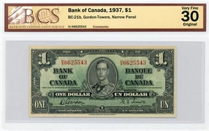 $1 1937 Bank of Canada BC-21b, BCS Very Fine 30 - Picture 1 of 2
