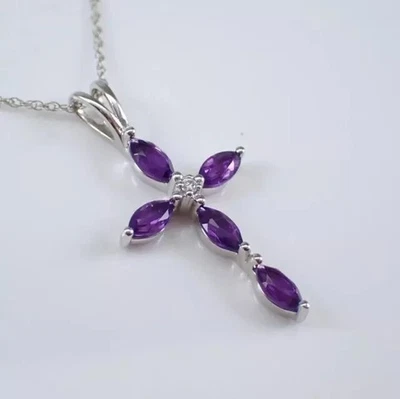 2Ct Marquise Cut Simulated Amethyst Cross  Pendant 14k White Gold Finish - Image 1 of 4