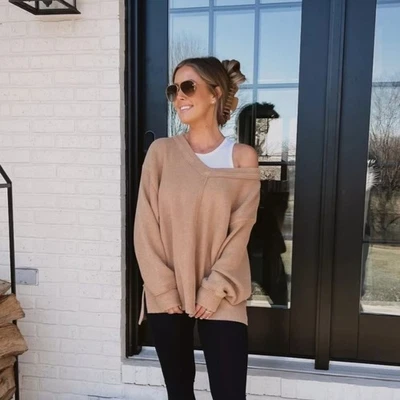 Aerie | Wonder Textured V-Neck Brown Slouchy Oversize Sweatshirt Women Medium - Image 1 of 4