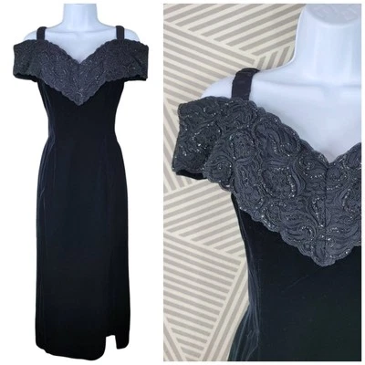 Vintage Evening Black Sequin Velvet Off Shoulder Dress Size 6 8 Small Prom Event - Image 1 of 4